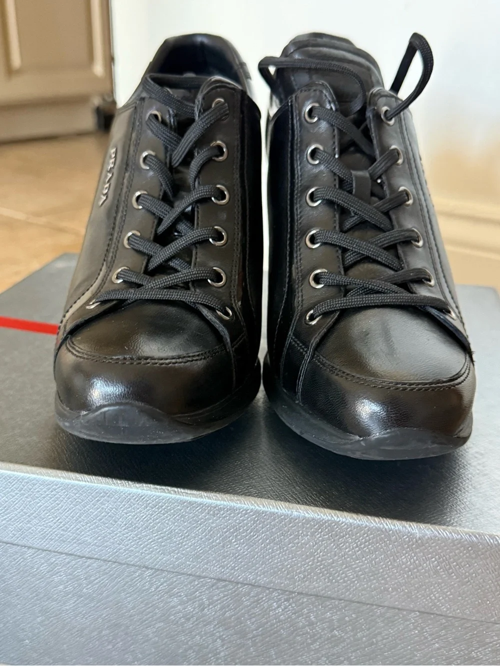 Prada Black Leather Wedge Sneakers